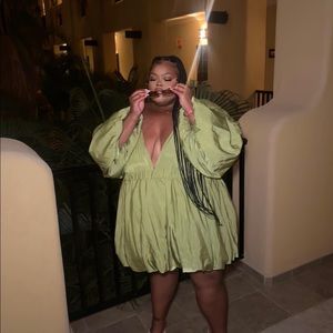 Plus Olive Puff Sleeve Puffball Hem Shift Dress
